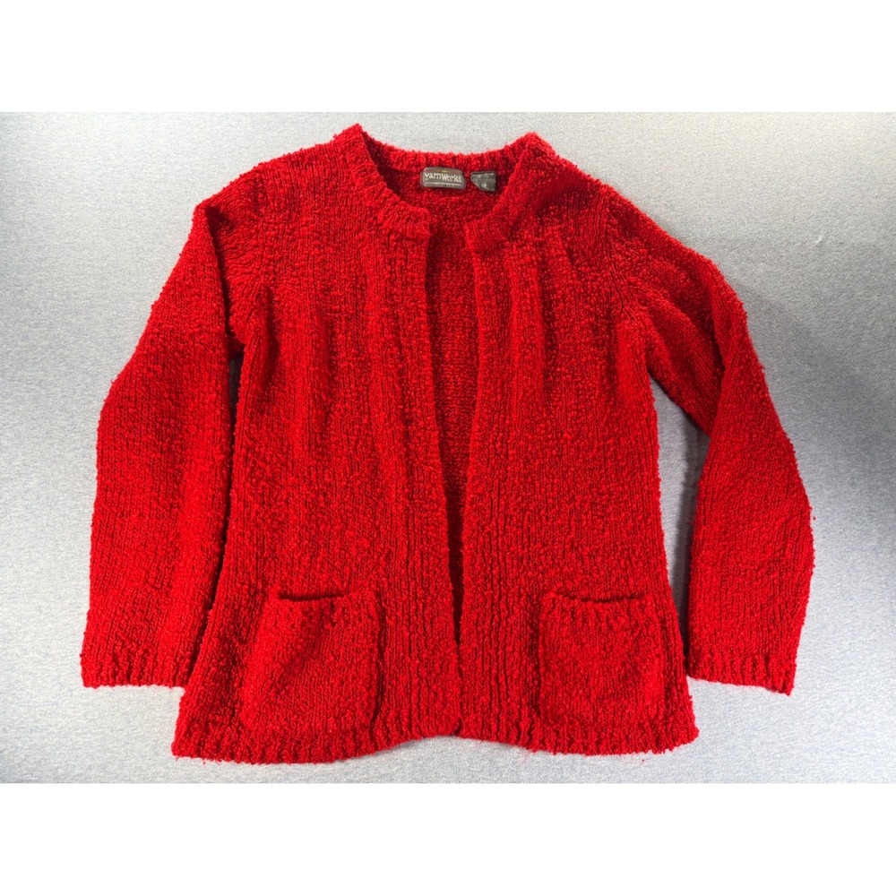 Vintage YarnWorks Red Boucle Knit Cardigan Sweater Jacket Open Front 80s Medium